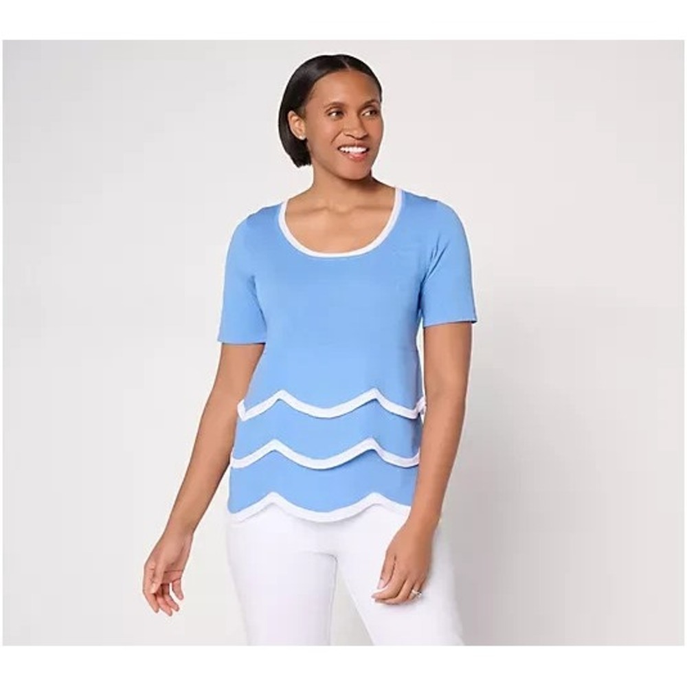 Susan Graver Tiered Scoop Neck Elbow Sleeve Sweater Blue Raffia, Large